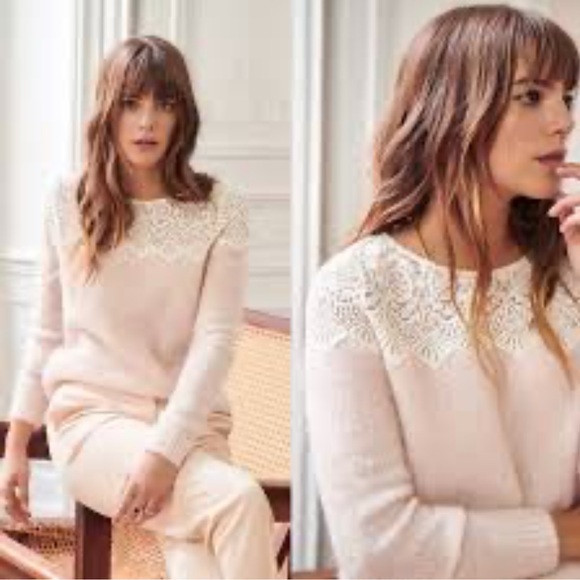 Sezane Grace SweaterJumper pink mohair wool ivory lace size XS - Picture 1 of 14